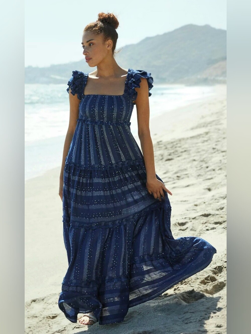 PQ Swim X Anthro Victoria Maxi Dress Womens M/L Blue Silver Iridescent Coastal B